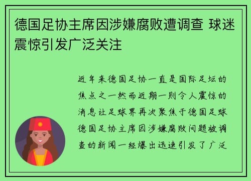 德国足协主席因涉嫌腐败遭调查 球迷震惊引发广泛关注
