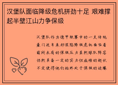 汉堡队面临降级危机拼劲十足 艰难撑起半壁江山力争保级