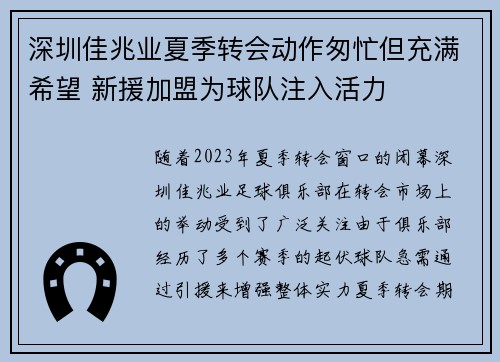 深圳佳兆业夏季转会动作匆忙但充满希望 新援加盟为球队注入活力