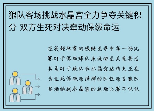 狼队客场挑战水晶宫全力争夺关键积分 双方生死对决牵动保级命运