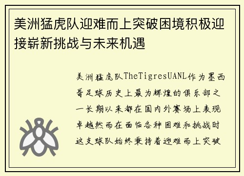 美洲猛虎队迎难而上突破困境积极迎接崭新挑战与未来机遇